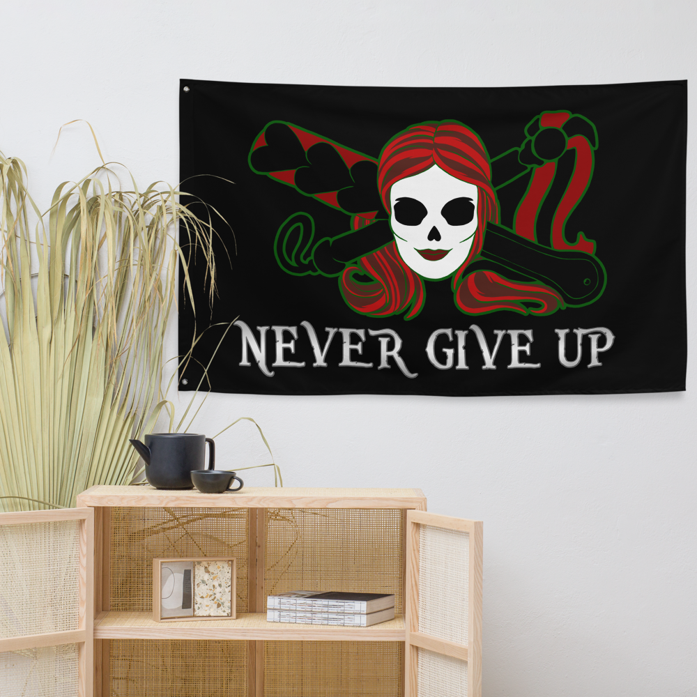 A living room scene with the Poisoned Heart Never Give Up pirate flag hanging on the wall