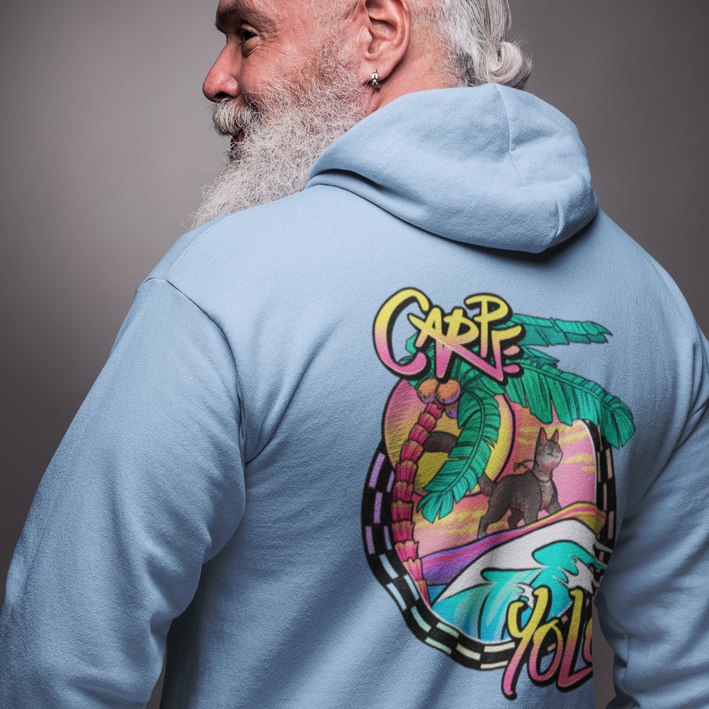 a man looking over his shoulder wearing a blue hoodie with the back of the carpe yolo design showing from kevin saxby