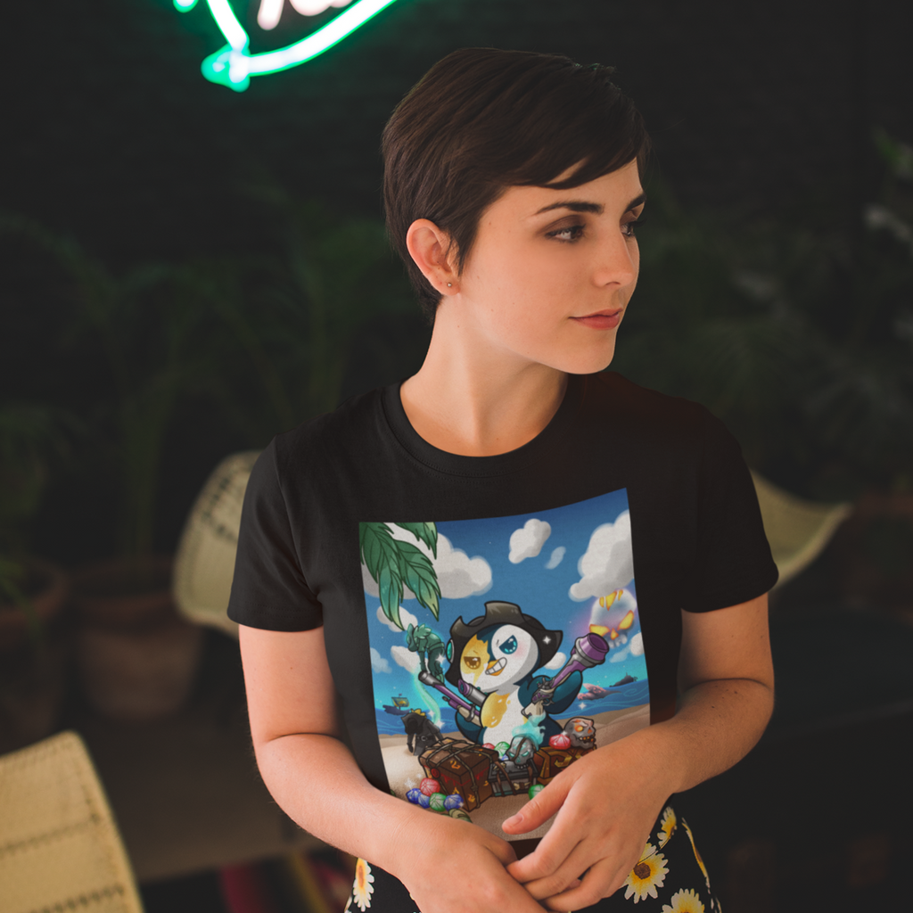 a woman wearing a black tshirt with the Penguin Pirate design from HappyF333tz