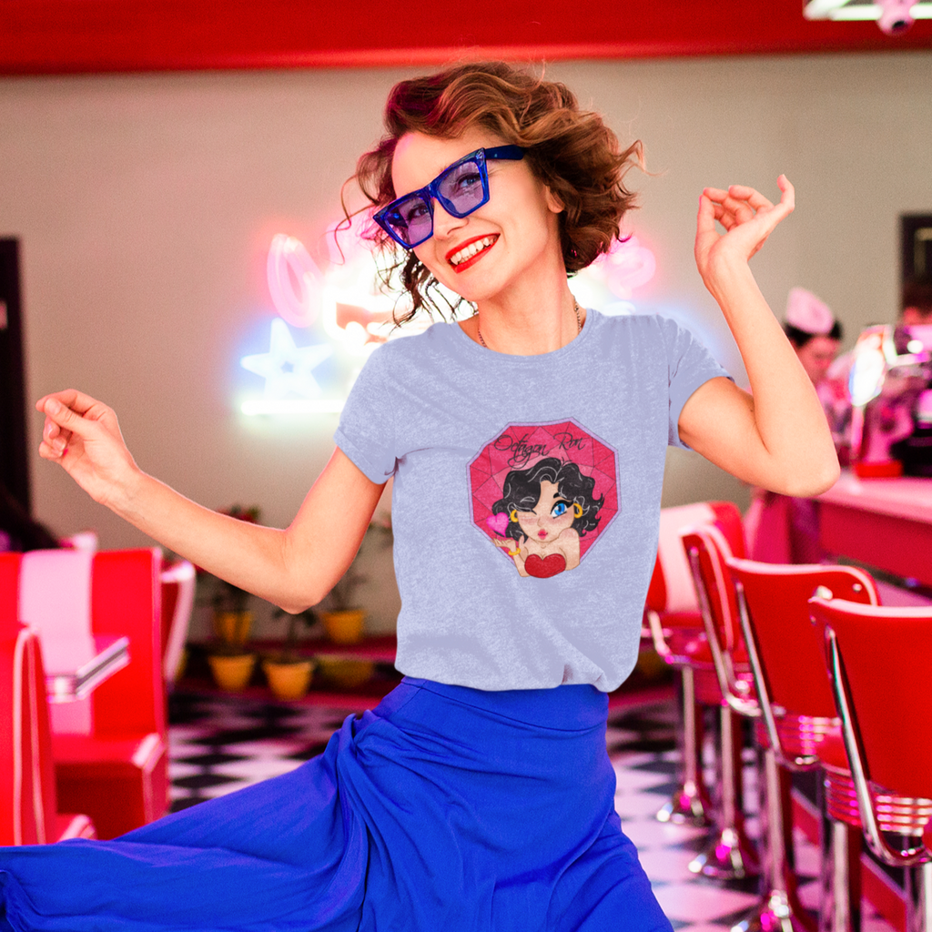 A woman at a diner wearing a heather blue octagon ron kiss tshirt