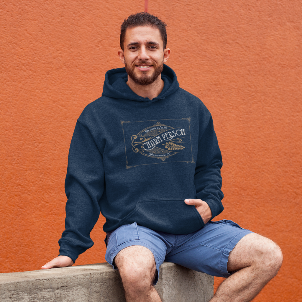 Man wearing blue weathered hoodie with Charm Person design