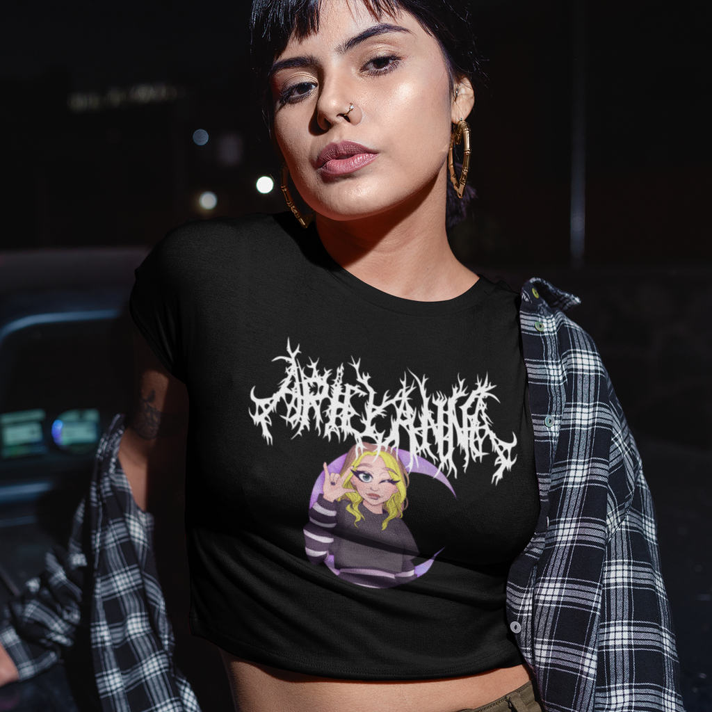 a woman with a flanel shirt and black crop top with the Kawaii design from ArielAnna