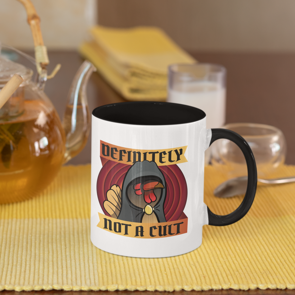 a mug with black rim and black handle and the definitely not a cult design from Mother0fChickens