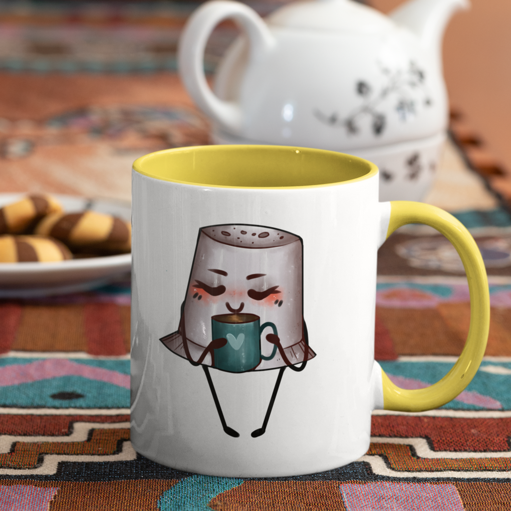 mug with yellow inside and yellow handle and the brooklynne michelle thimble coffee design