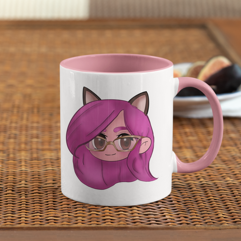 mug with pink handle and pink inside with the TammiKitten Chibi design
