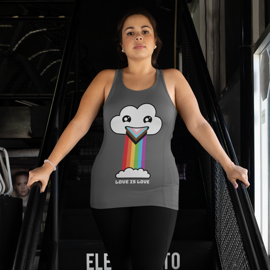 Women on stairs wearing a grey tanktop with the Love is Love progressive pride cloud on it.