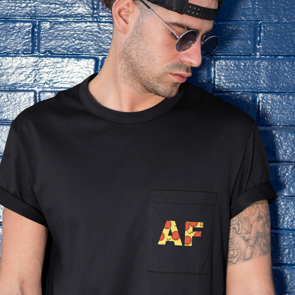 Man wearing black pocket t-shirt with AF Pizza design