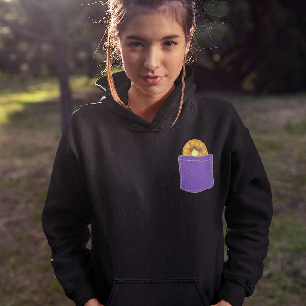 Woman wearing black hoodie with Pocket Waffle design