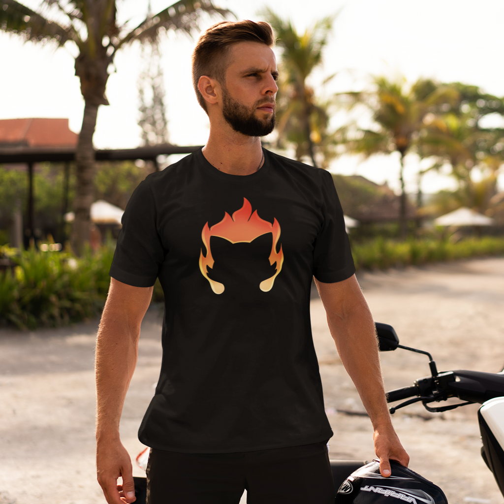a man holding a motorcycle helmet wearing a black tshirt with the diskittysonfire logo