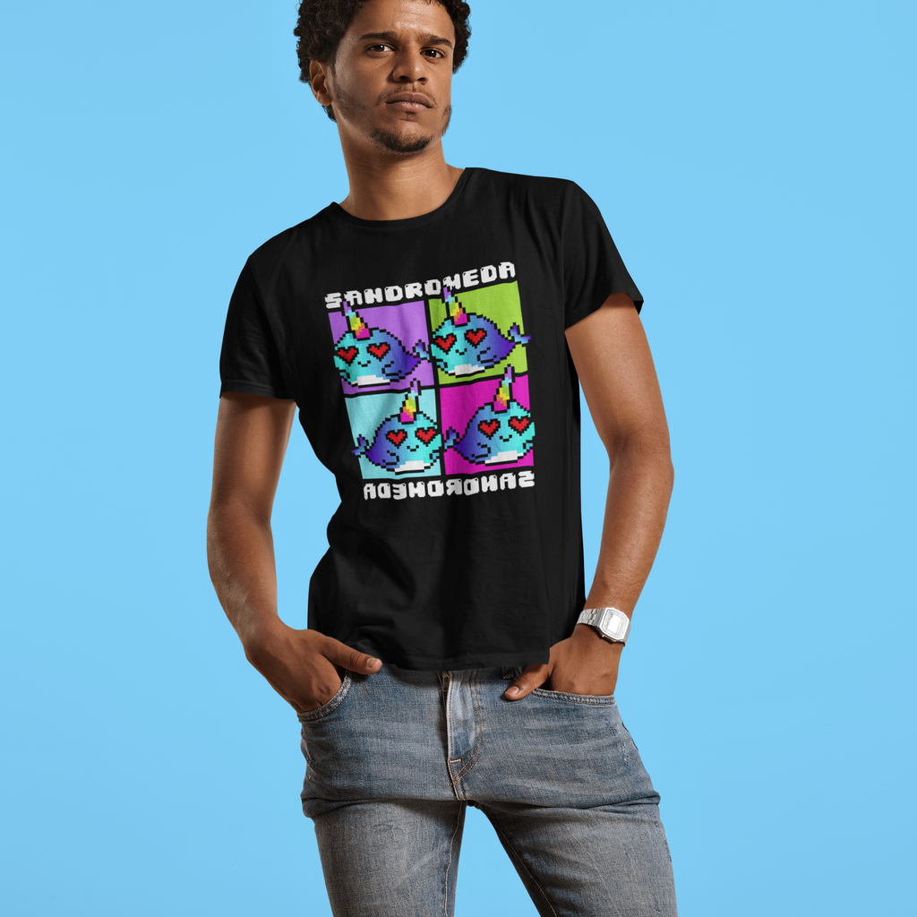 Man wearing black short-sleeve t-shirt with Narwhal Party design