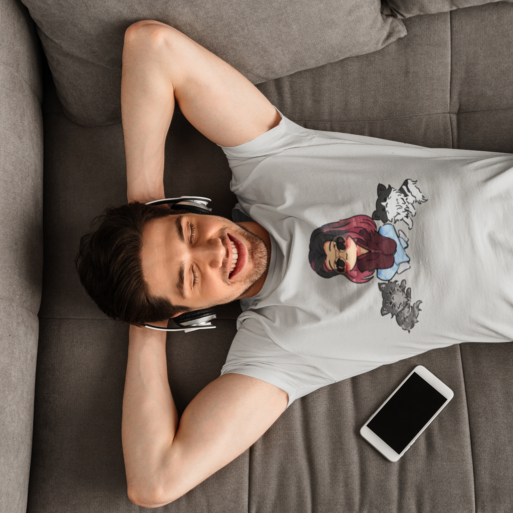 a man lying down on a couch listening to headphones and wearing an athletic heather meggs cats tshirt from OhhMeggs