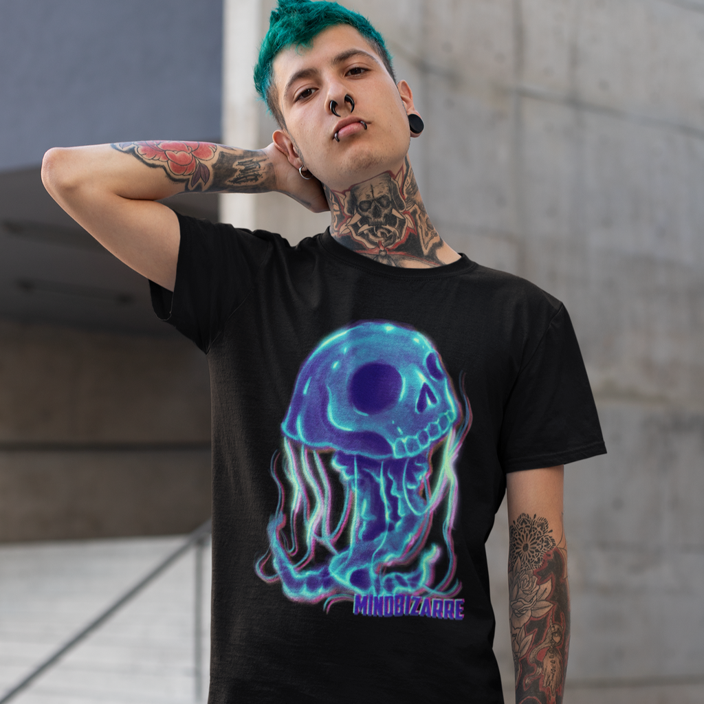 Man wearing black short-sleeve tee with jellyfish design