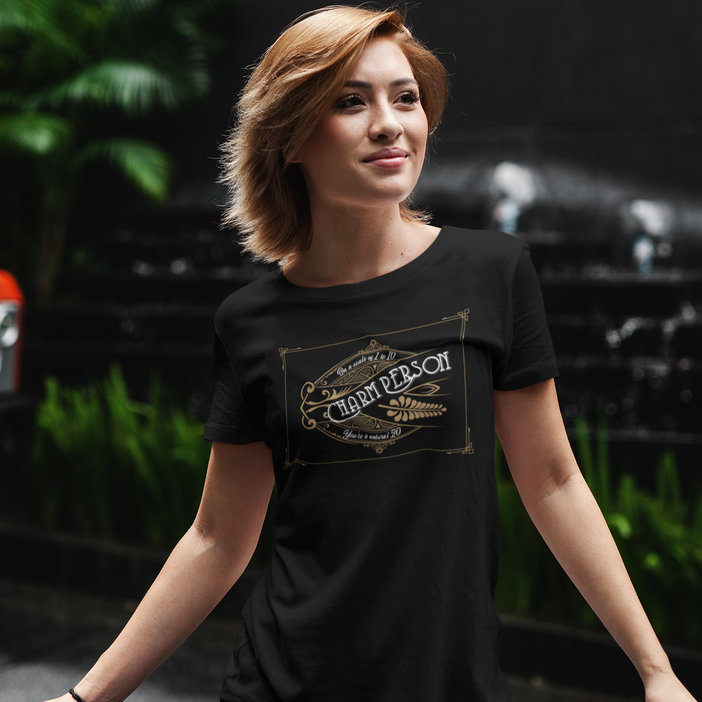 Woman wearing black short-sleeve tee with Charm Person design