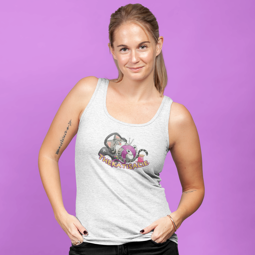 Woman wearing grey tank top with thekatisalie cat design