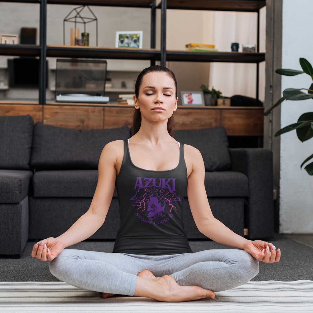 a woman meditating wearing a storm cursed tank top in grey from Azuki