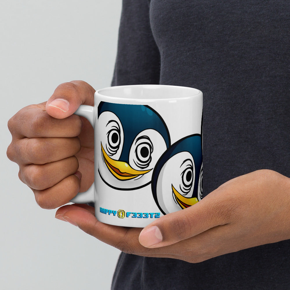 a woman's hands holding the F333tzSuffer design on a white mug from happyf333tz