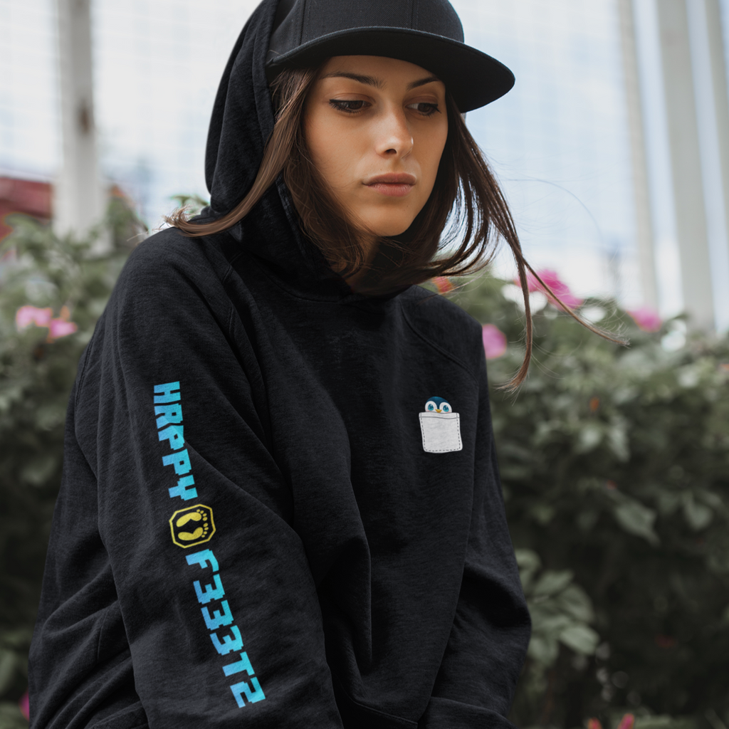 A woman wearing a black SnapBack and a black hoodie with the happyf333tz pocket penguin on the chest and the word mark down the sleeve