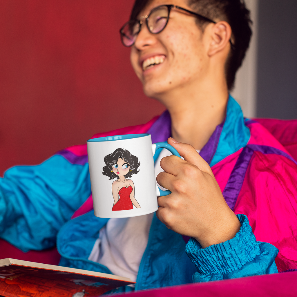 man holding a mug with blue handle and the OctagonRon Boop design on it