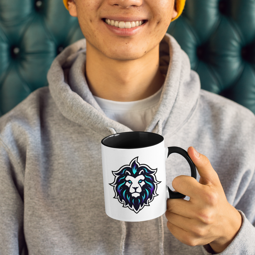 Man holding black and white mug with Leo emblem