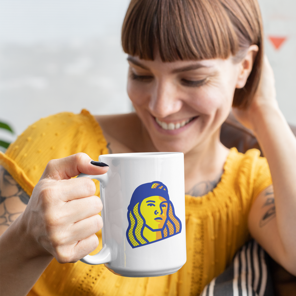Woman holding white 15oz mug w/ ZachNCheese design