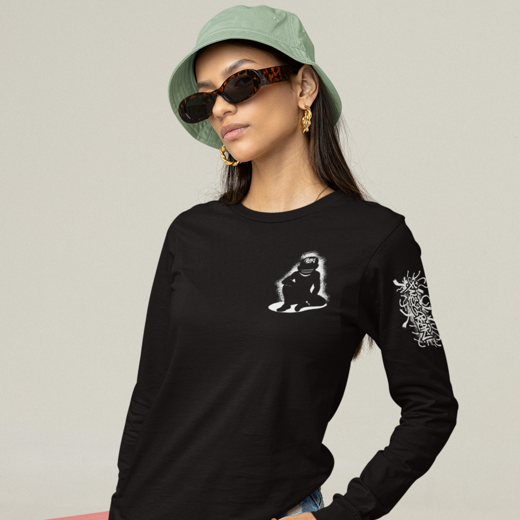 a woman wearing a bucket hat and a black long sleeve tshirt with the truth design from Falsepeak_