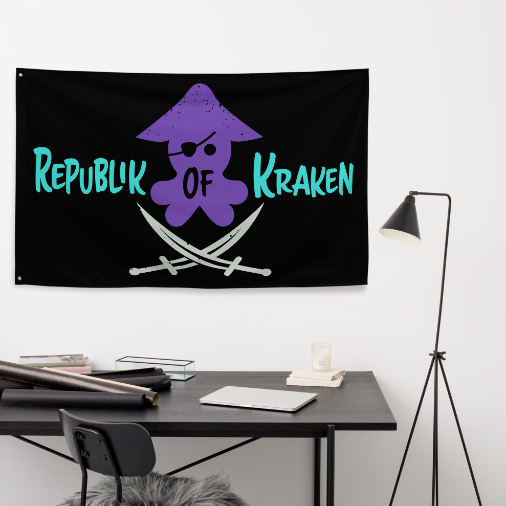 Republik of Kraken flag hanging above a desk