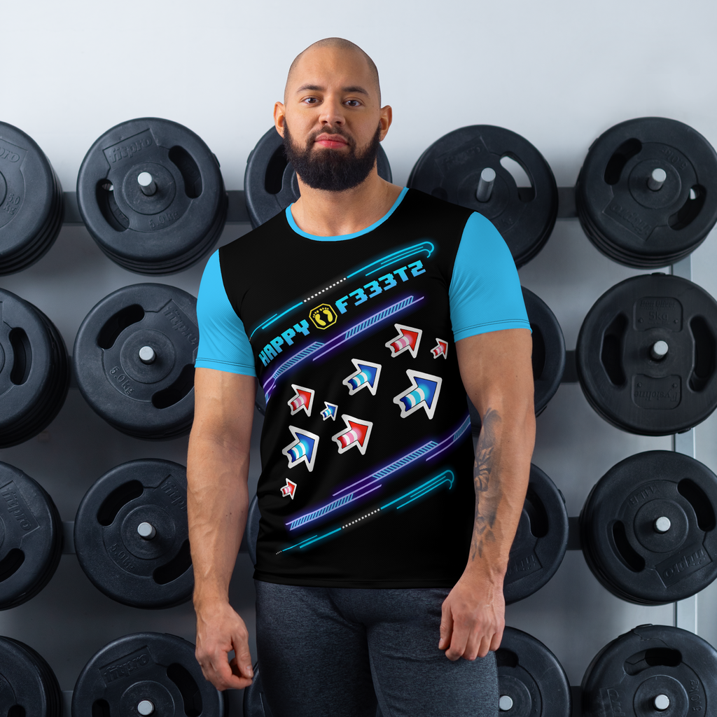 A man standing in front of a weight wall wearing the happyf333tz dance jersey