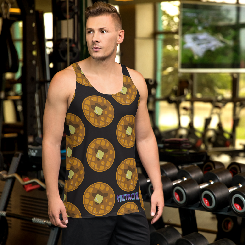 Man wearing all-over print tank top with waffle design