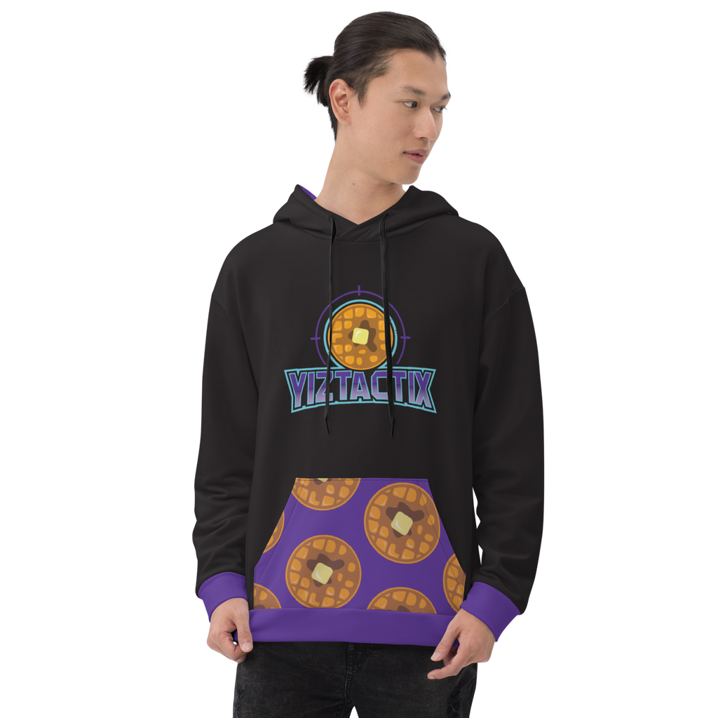 Man wearing all-over print hoodie with waffle design