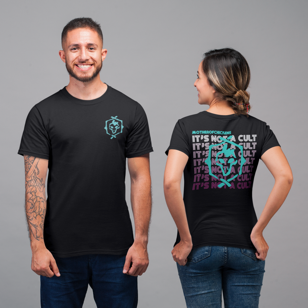 Man and woman wearing Mother0fChickens Arcade design short-sleeve t-shirt