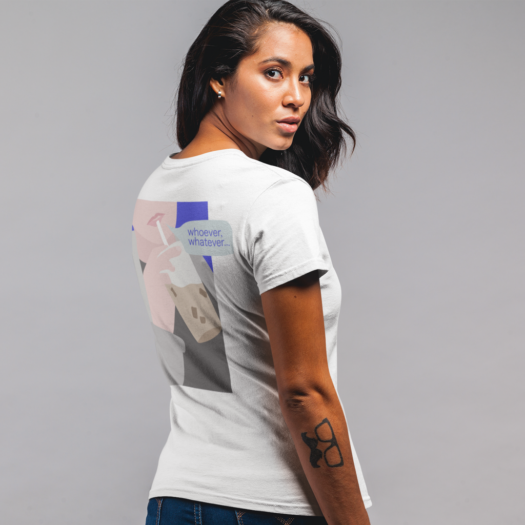 a woman looking over her shoulder, wearing a white tshirt with the whoever, whatever design from thezacharymike