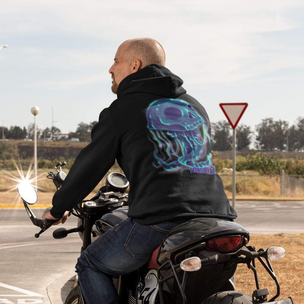 Man wearing black hoodie with Jellyfish design on back