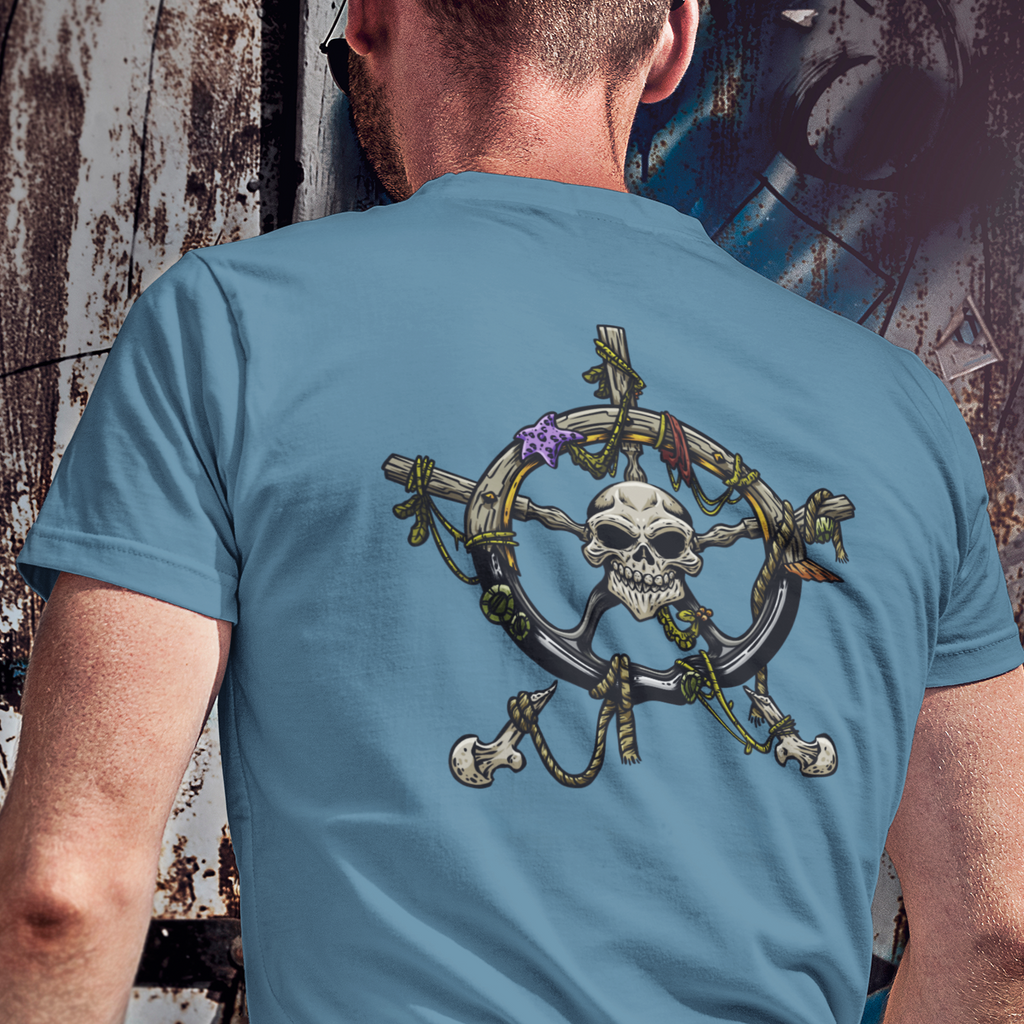 the back view of a man wearing a navy tshirt with the skull wheel from Spinal_crush