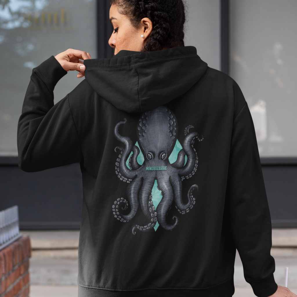 Woman wearing black hoodie w/Octopus design on back