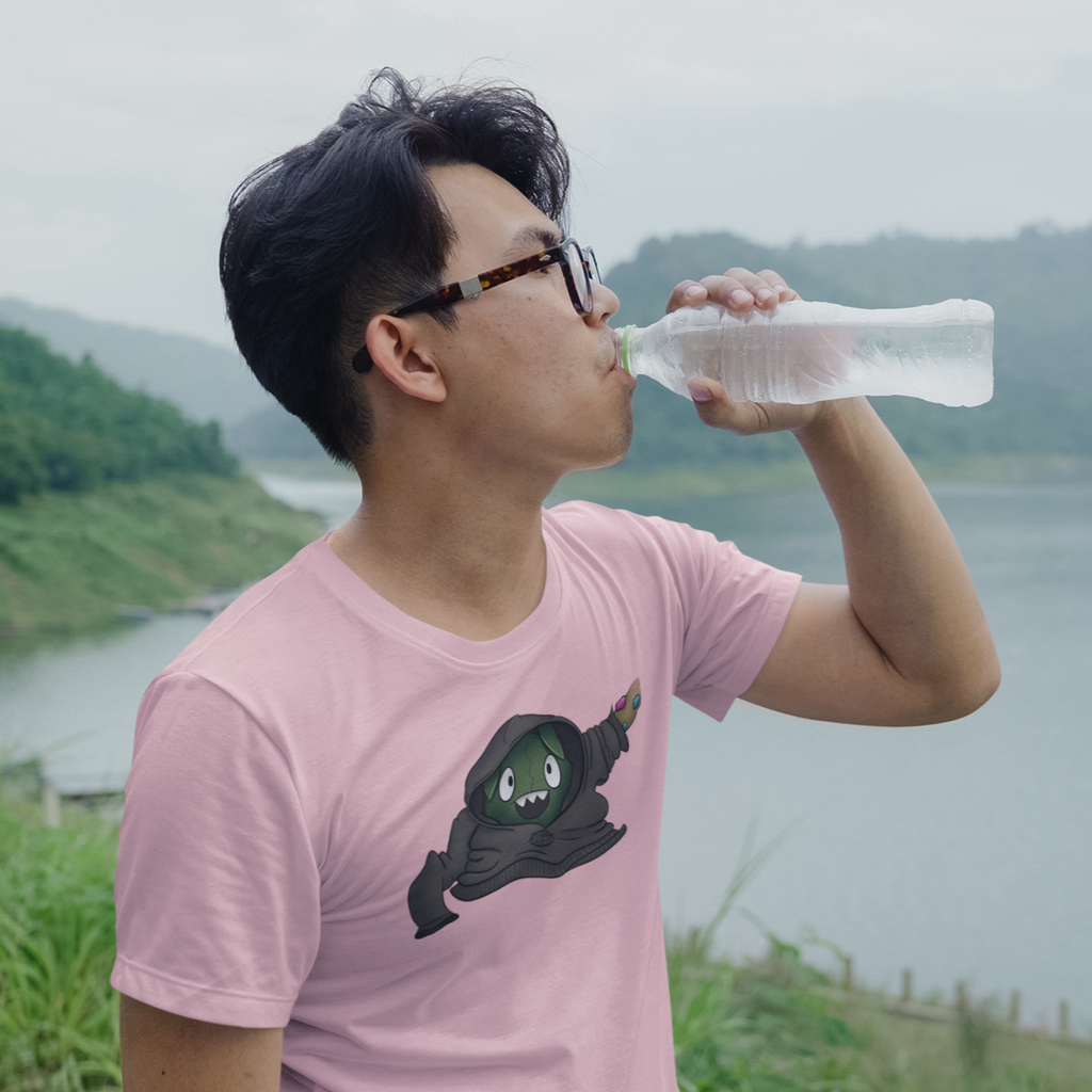 a man drinking a water bottle wearing a pink tshirt with the trubby design from coreyandashley