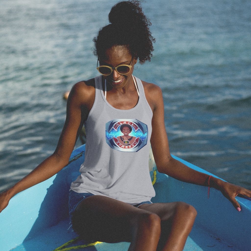 a woman in a boat wearing a heather grey tank top with the power rangers design from aBlackSparrow
