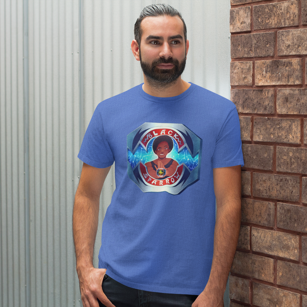 a bearded man leaning against a brick wall wearing a heather true royal tshirt with the power rangers design from aBlackSparrow