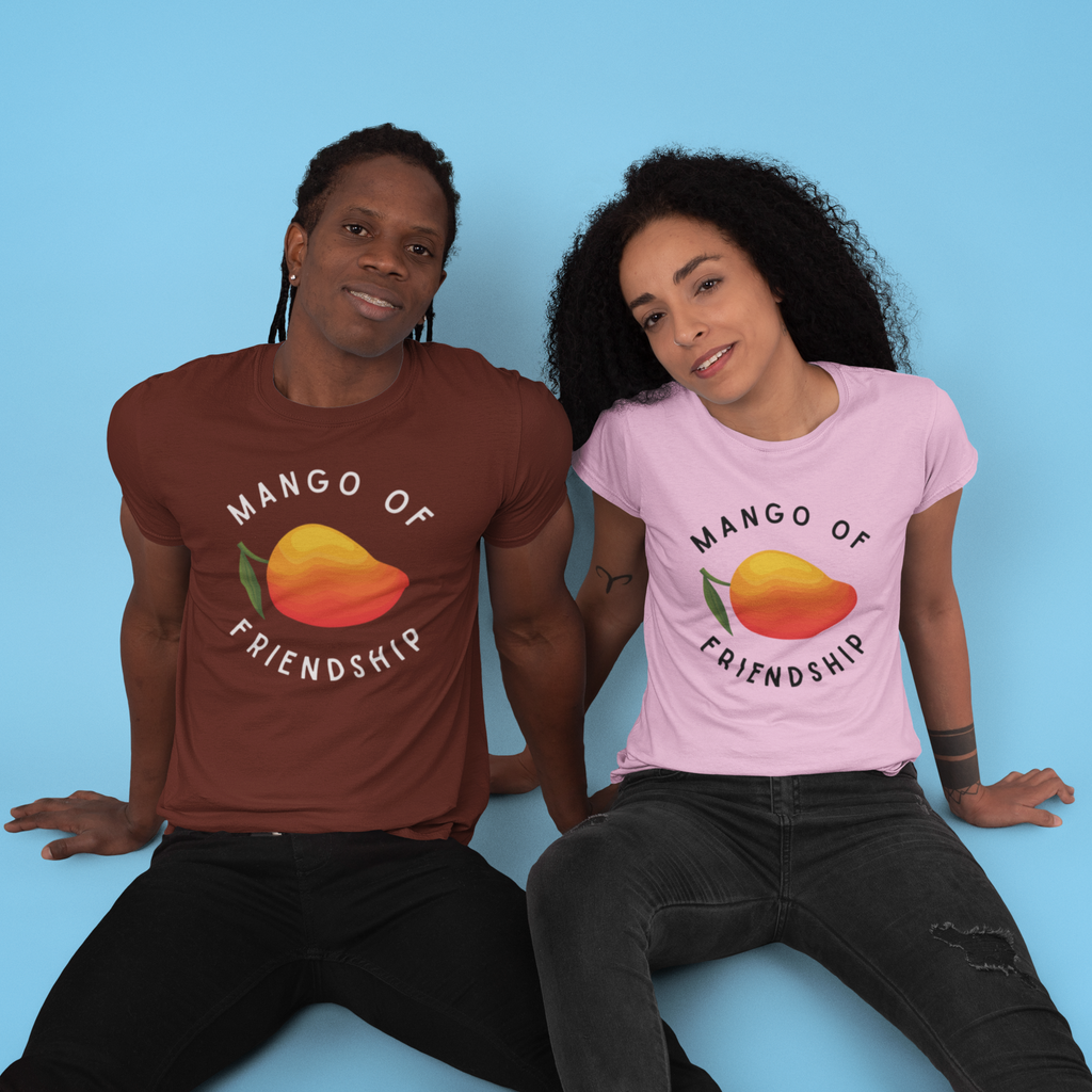 Man and woman wearing t-shirts with Mango of Friendship design
