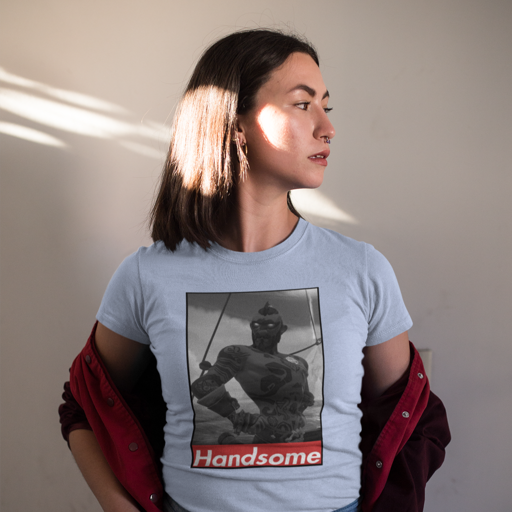 a woman wearing a heather blue tshirt with the handsome design from SlamDannigan