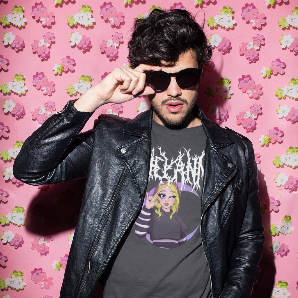 a man wearing sunglasses, a leather jacket, and a dark grey heather tshirt with the Kawaii design from ArielAnna