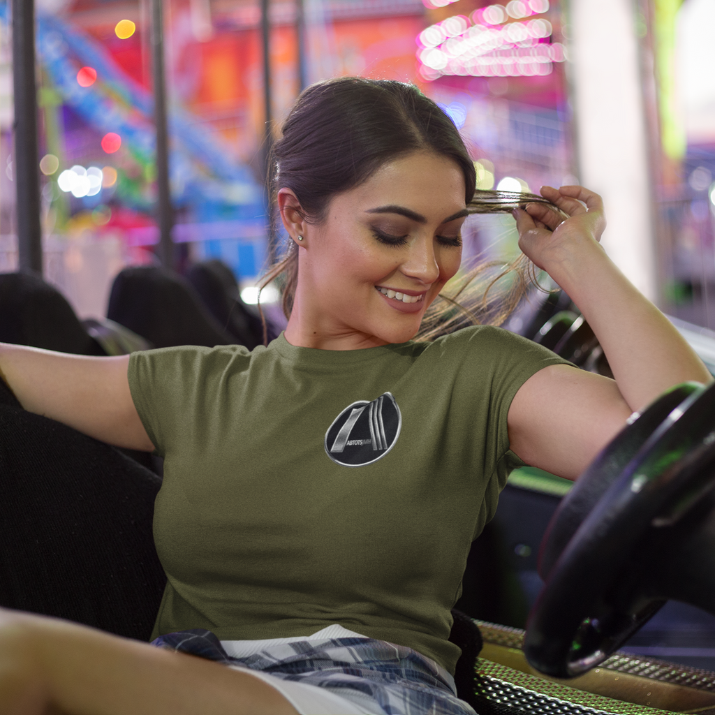 Woman wearing army green short-sleeve tee with logo design