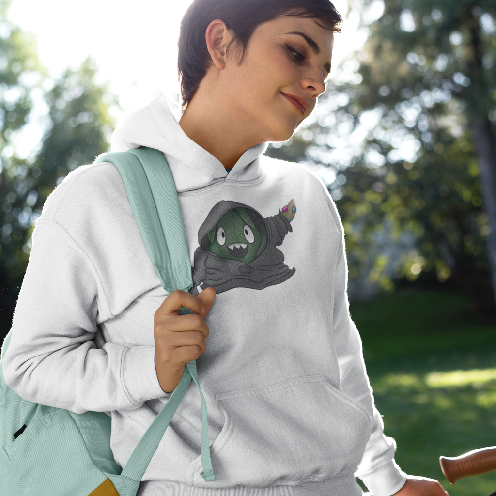 a woman with a backpack over one shoulder, wearing a white hoodie with the trubby design from coreyandashley