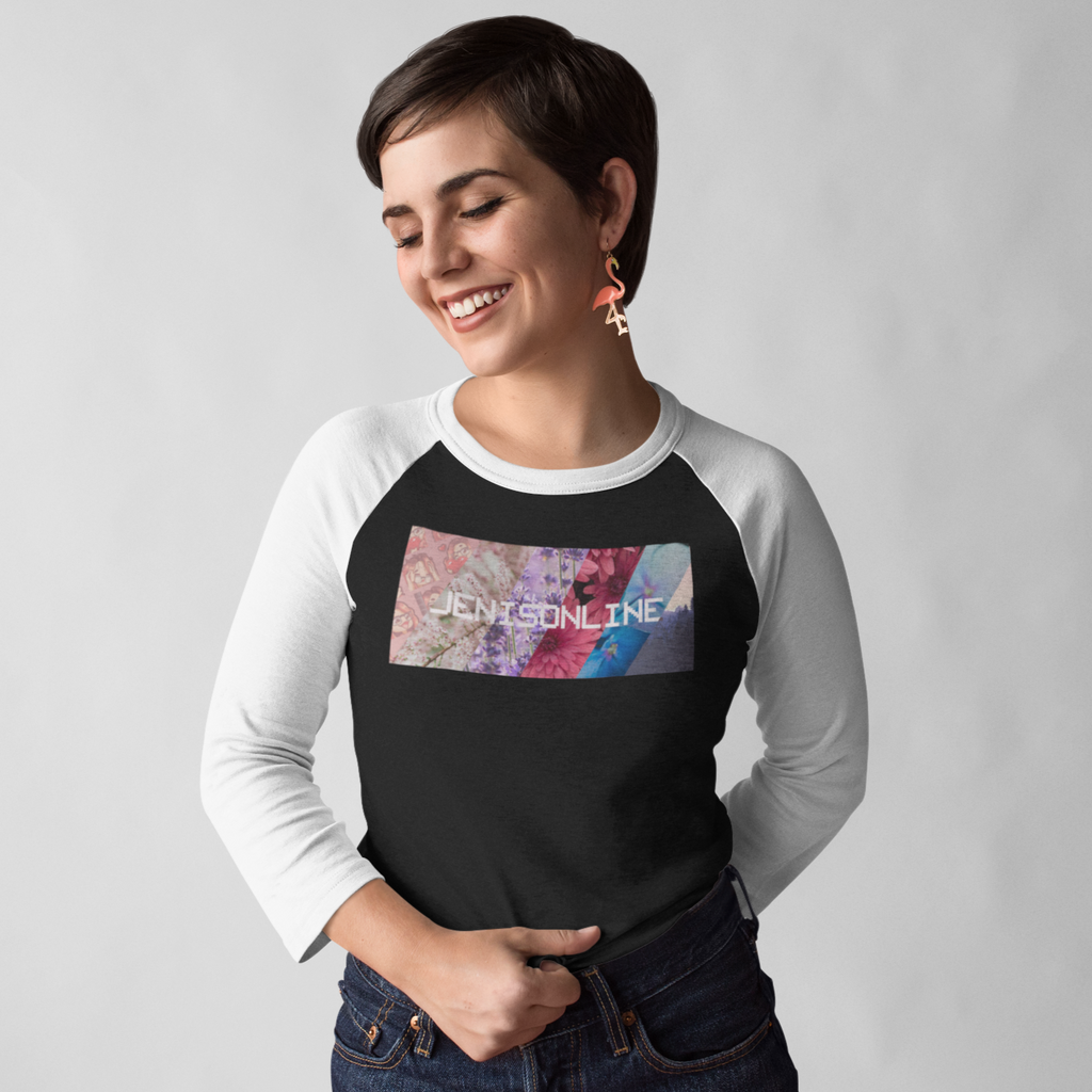 a smiling woman with short hair wearing a black and white raglan tshirt with the JenIsOnline flowers design