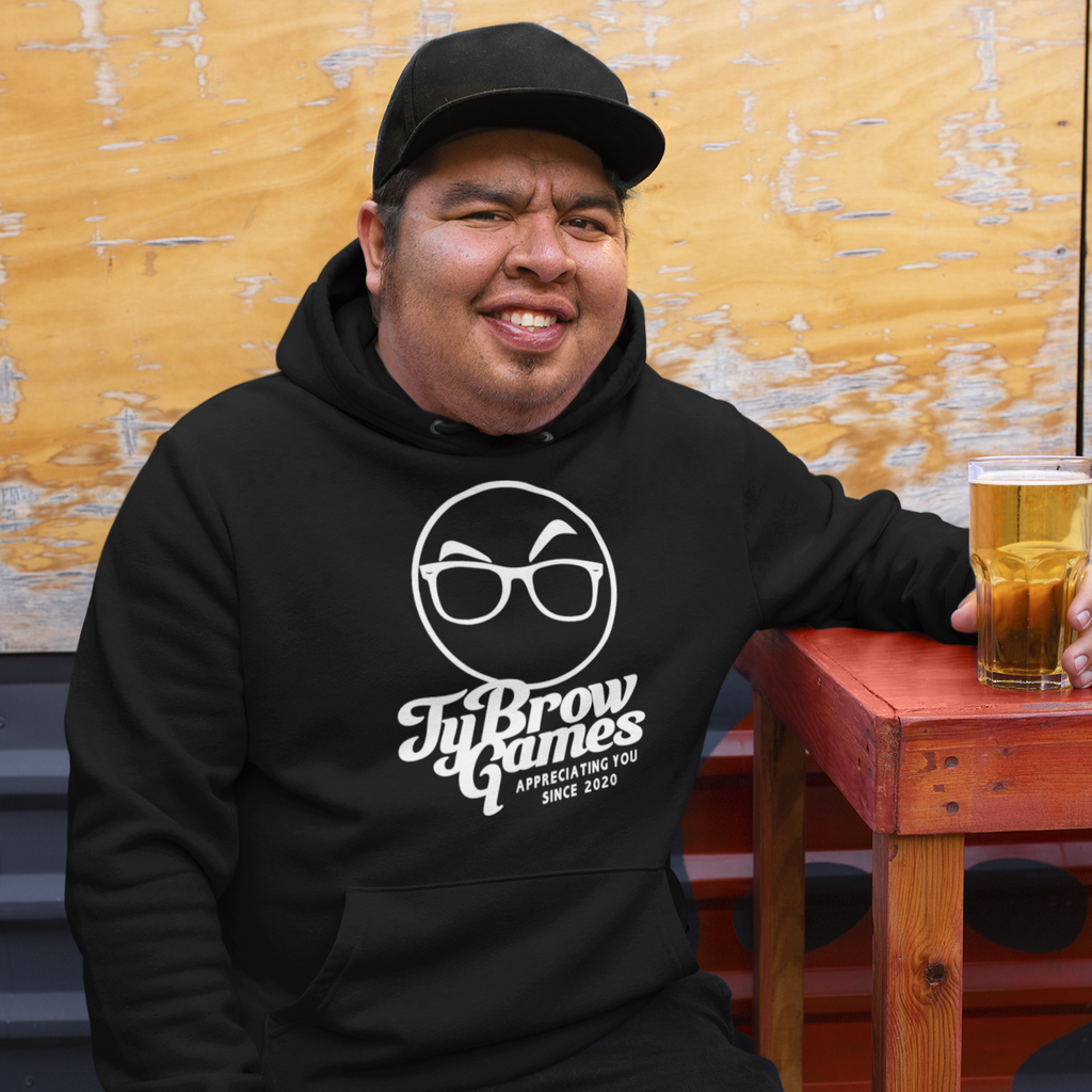 a man drinking a beer and wearing a black hoodie with the TyBrowGames Appreciating You design.