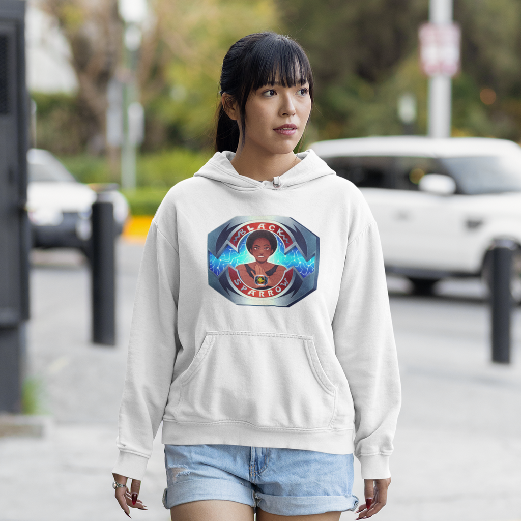 a woman walking on the street wearing a white hoodie with the power rangers design from aBlackSparrow