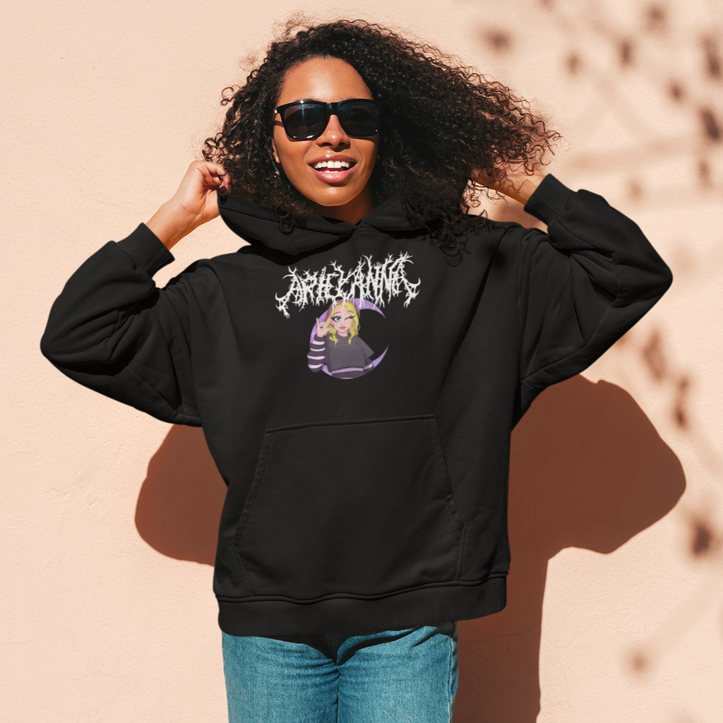 a woman with sunglasses wearing a black hoodie with the arielanna kawaii design