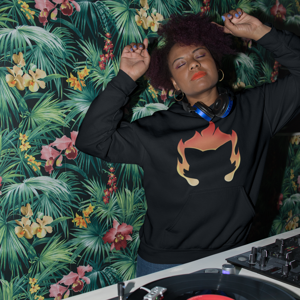a woman DJing wearing a black hoodie with the fire kitty design from DisKittysOnFire