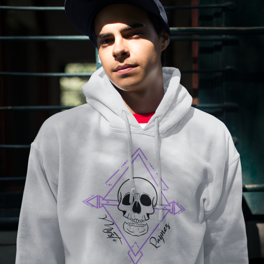 man with a hat wearing a white hoodie with the mysti raynes skull design
