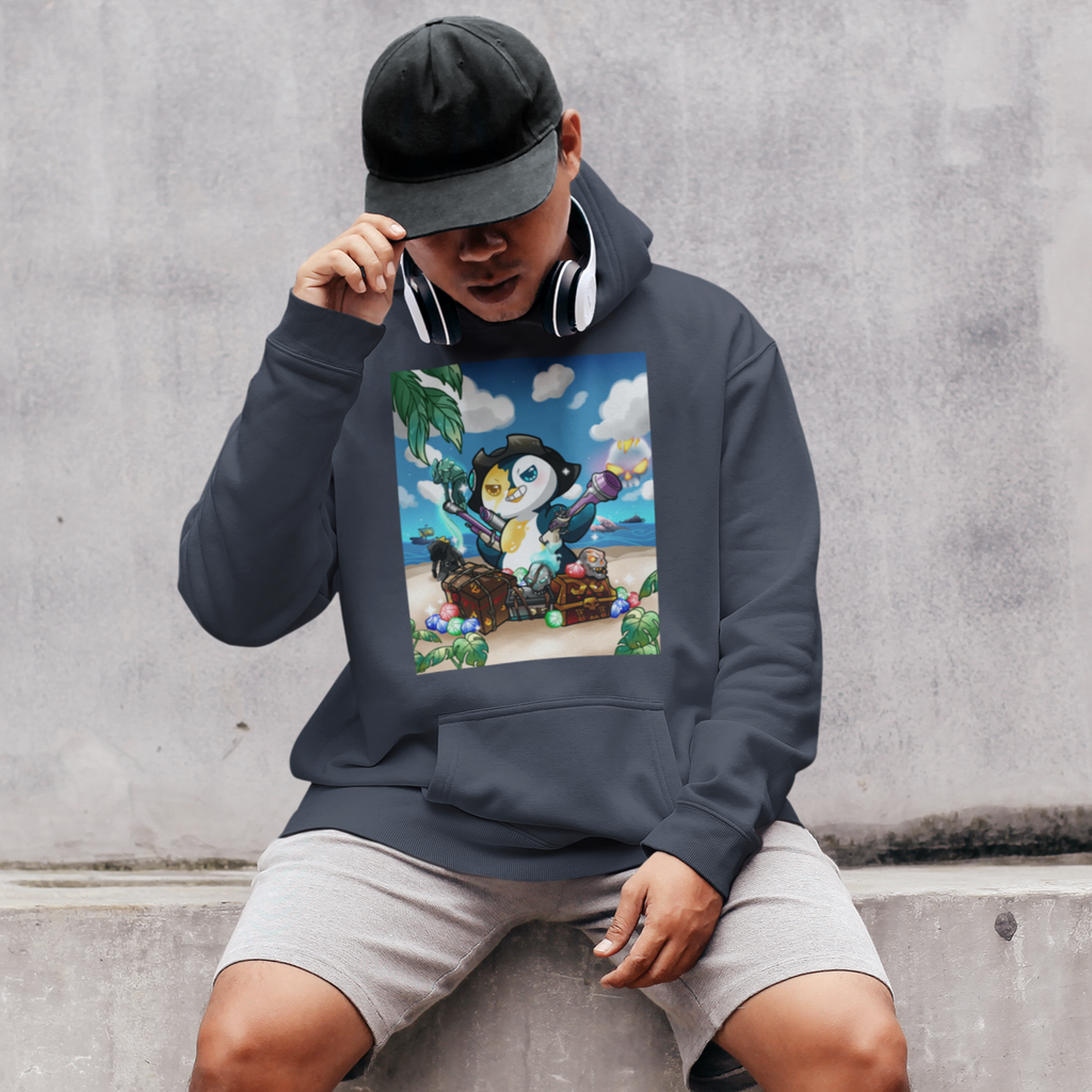 a man sitting on a ledge wearing a hat, headphones around his neck, and a heather navy hoodie with the Penguin Pirate design from Happyf333tz