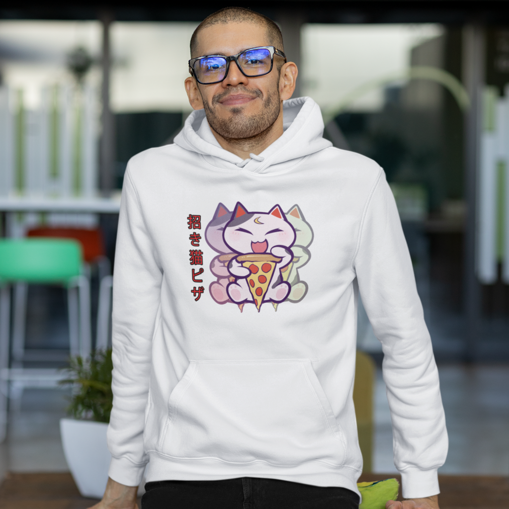 Man wearing white hoodie with Lucky Cat design